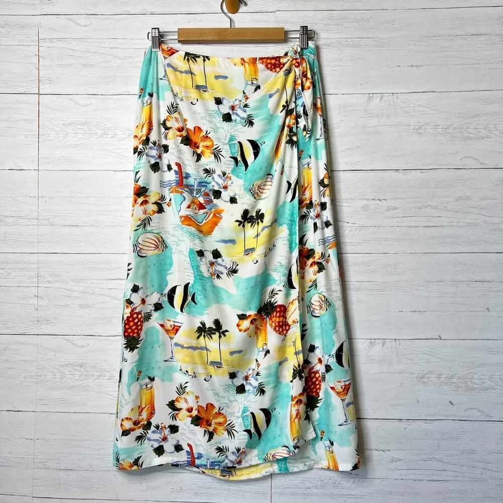 Crazy Horse Skirt Womens Size 14 Tropical Hawaiian Map Fish Wrap Zipper Resort